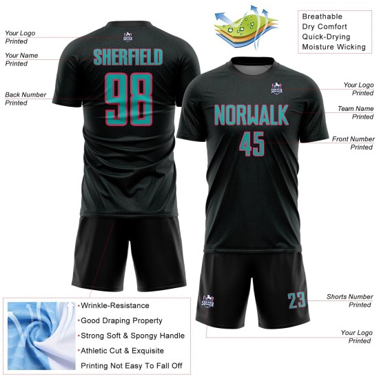 Sublimation Sports Geometric Soccer Jersey Uniform Black Shape Pink Custom Aqua-Neon Sublimation Sports Geometric Soccer Jersey Uniform Black Shape Pink Custom Aqua-Neon